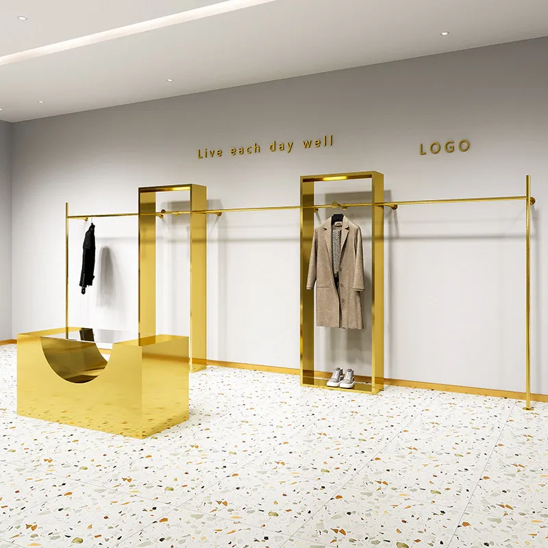 Clothing store display rack stainless steel titanium gold hanging clothes rack Women's clothing store display rack