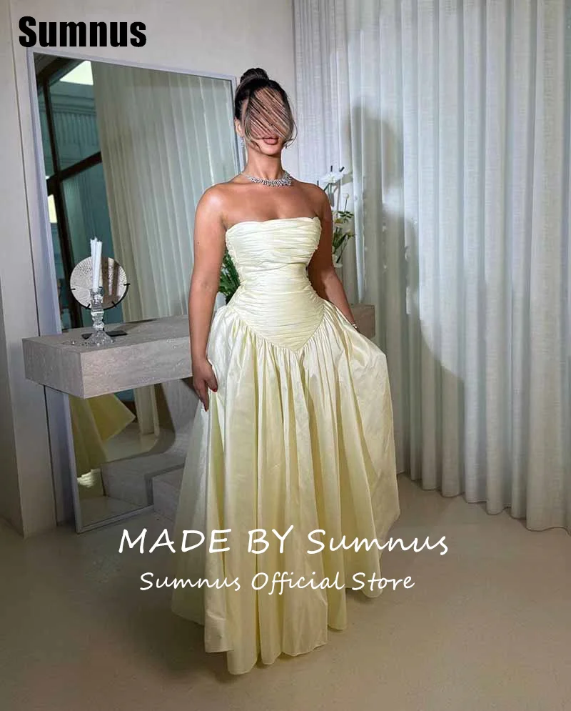 Sumnus فساتين سهرة بسيطة على شكل حرف a أصفر فاتح بدون حمالات بدون أكمام طيات فساتين الحفلات بطول الكاحل فساتين لحضور الحفلات الموسيقية حسب الطلب