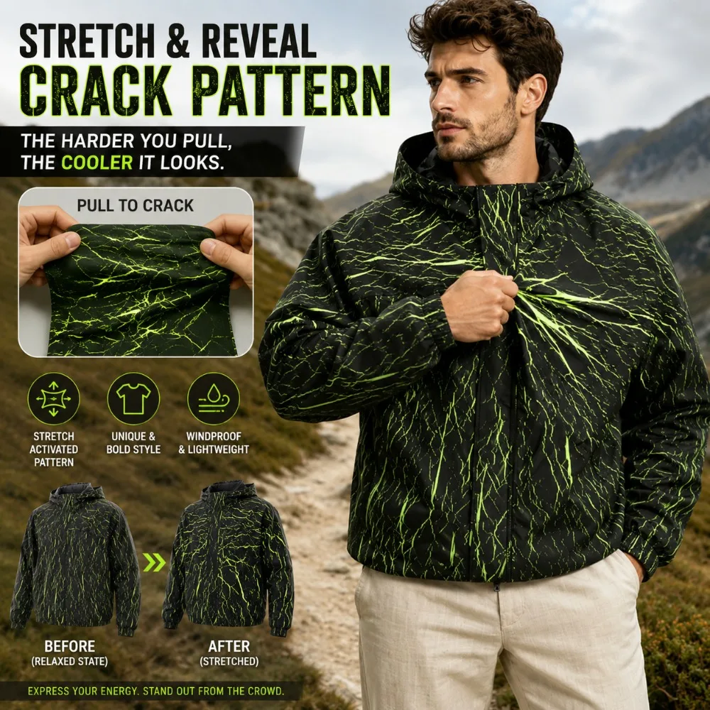 Men's Stretch Activated Crack Pattern Jacket, Hooded Casual Windbreaker, Unique Graphic Outdoor Coat, Fashion Sportswear