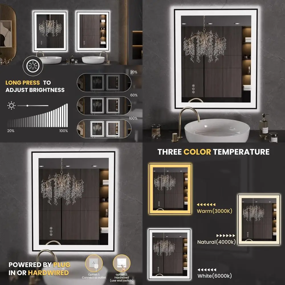 مرآة حمام LED مضادة للضباب مع إطار أسود، وإضاءة عكس الضوء، وزجاج مقسى، ووظيفة الذاكرة #1