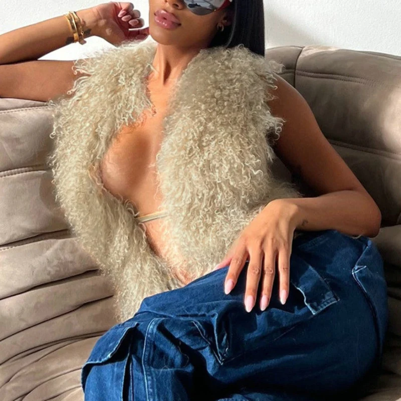 Sexy Fluffy Tops For Women Solid Faux Fur Collar Backless Lace Up Vest High Street Y2K Nightclub Outfits 2025 Woman Clothing