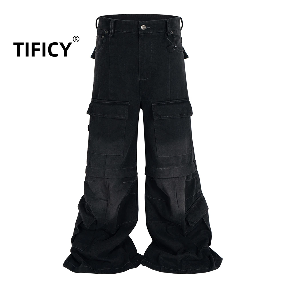 

High Street Denim Pants Men's Vintage Washed Micro Flared Work Pants Paired with Streetwear Jeans Pant