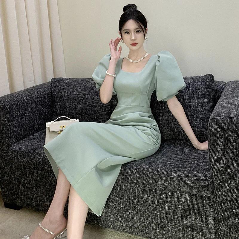 New High Quality Green Evening Party Dress Fashion Summer Women Chic Lantern Sleeve Square Collar Bodycon Split Long Prom Dress