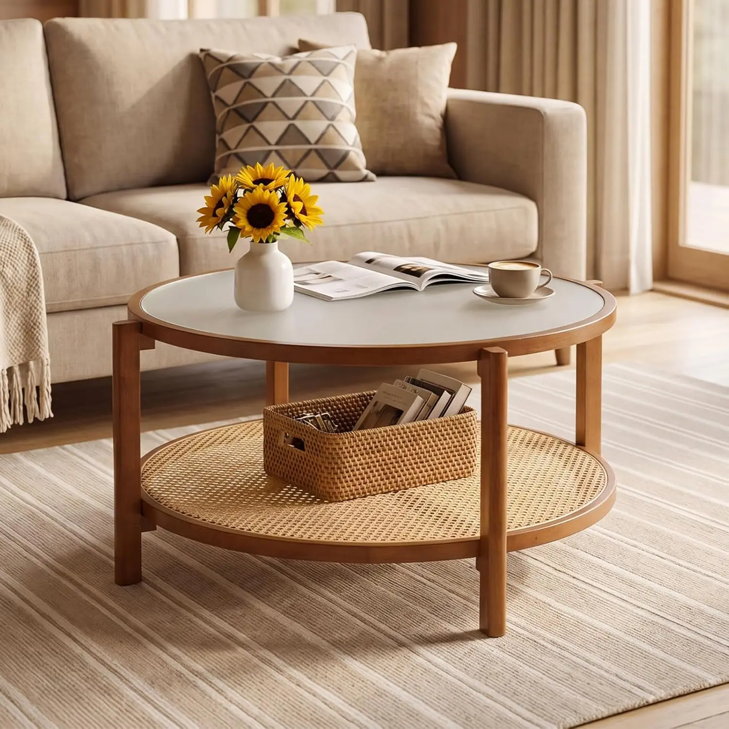 

35" Rattan Coffee Table Frosted Glass Top Wood Leg Storage Round Living Room Walnut, Customized