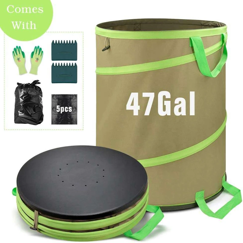 47 Gal Foldable Waste Bins Garden Finishing Pop-up Collapsible Trash Can Leaves Clearing Recycling Bin Standing Cloth Trash Bin