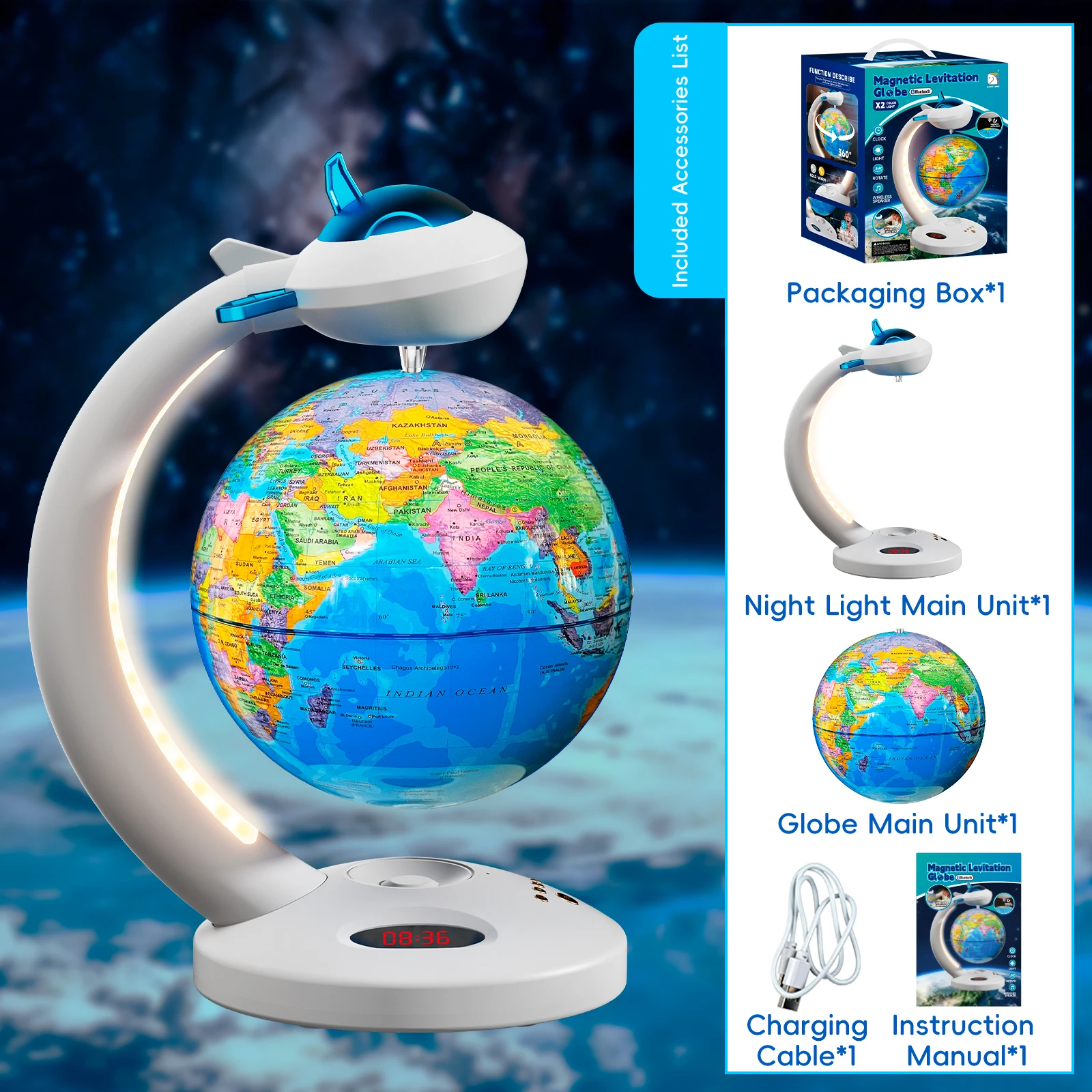 Magnetic Levitation Rotating Globe, Automatic Levitation Rotating Belt, Ambient Night Light, Bluetooth Speaker, Clock Display view 6