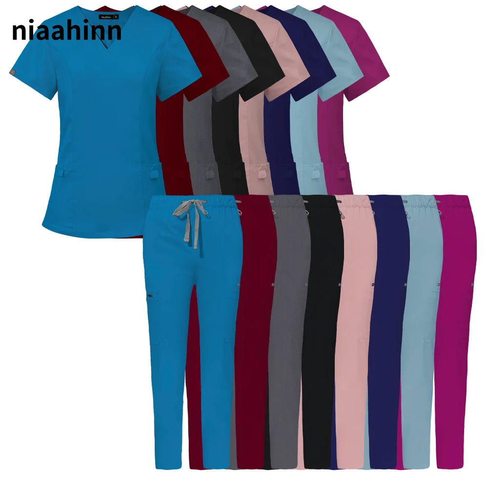 Scrubs Medical Uniform Women Nurse Accessories Medical Scrubs Tops+pants Solid Color Hospital Uniform for Female Wholesale Price