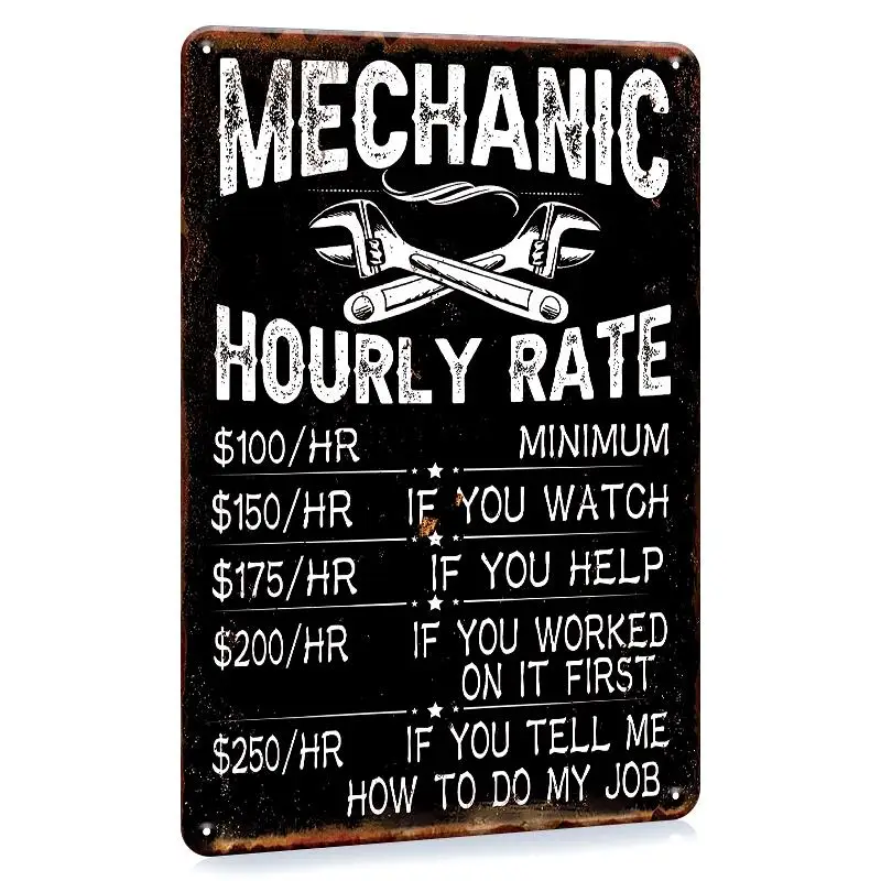 Rustic Garage Car Signs Decor -  Mechanic Hourly Rate Wall Gloss Metal Plaque