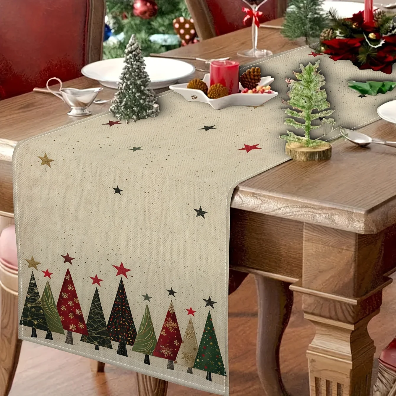 1 Piece of Retro Christmas Tree Table Runner, Painted with Colorful Christmas Trees and Stars on Linen, Suitable for Christmas Home Banquets, Retro Theme Parties, B&B Holiday Decorations, Home Living Room Decorations, Christmas Markets, Literary Tea Parties, Handmade Studios, Holiday Gift Scenes