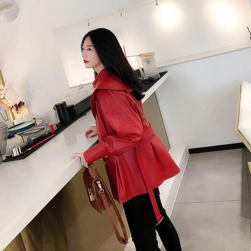 2023Designer 100% Genuine Leather Jacket Women Autumn Slim Sweet Sheepskin Windbreakers Streetwear Red Office Lady Sashes Coat