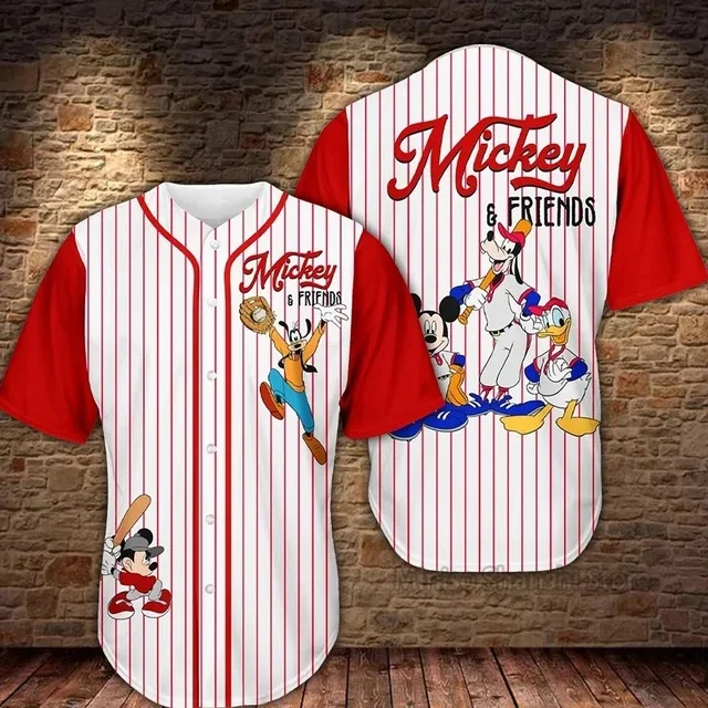 Men's Summer Sports Baseball Shirt Disney Baseball Uniform Casual Short Sleeve Shirt Mickey Minnie and Friends Baseball Jersey