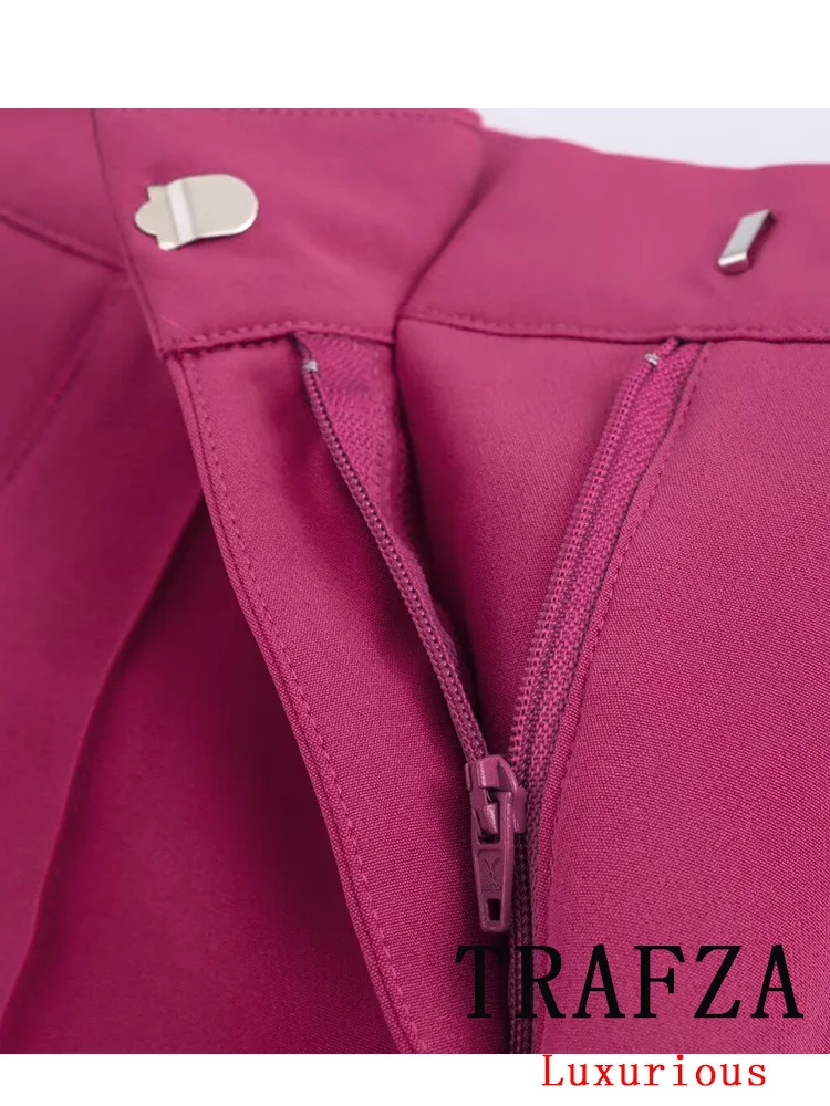 TRAFZA Vintage Chic Office Lady Pink Solid Women Suit Pockets V Neck Blazer Straight Loose Pants New Fashion 2024 Autumn Sets