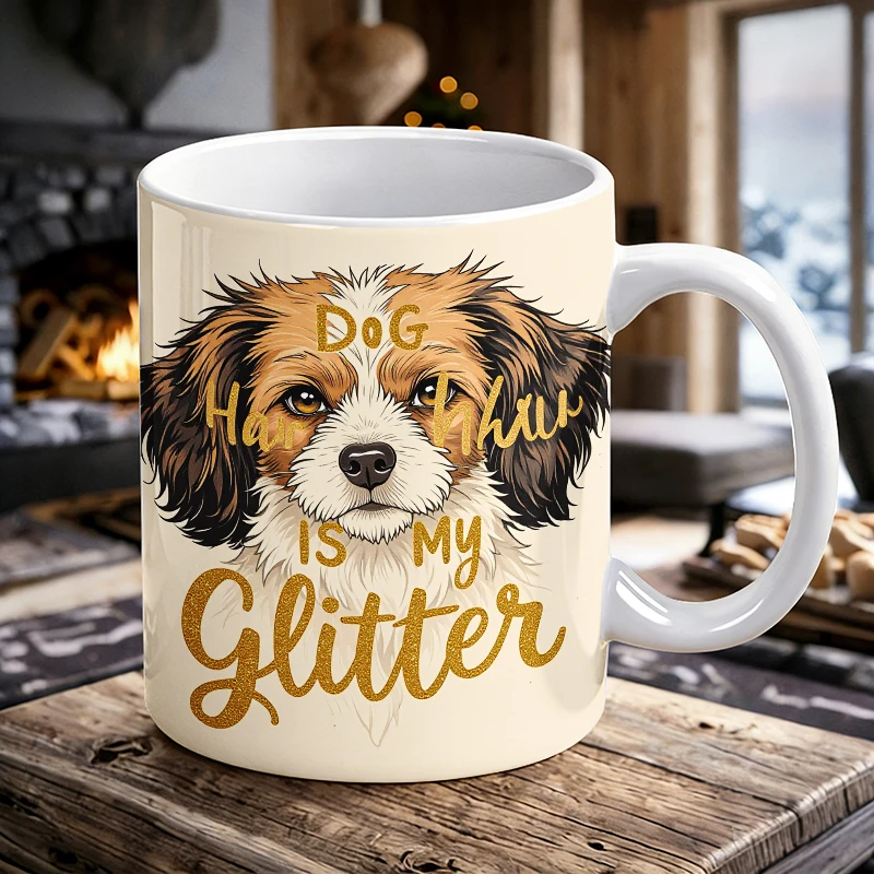 

Adorable Cavalier Spaniel Art Ceramic Coffee Mug, "Dog Hair Is My Glitter" Cute Tea Cup, Novelty Mug for Animal Lovers