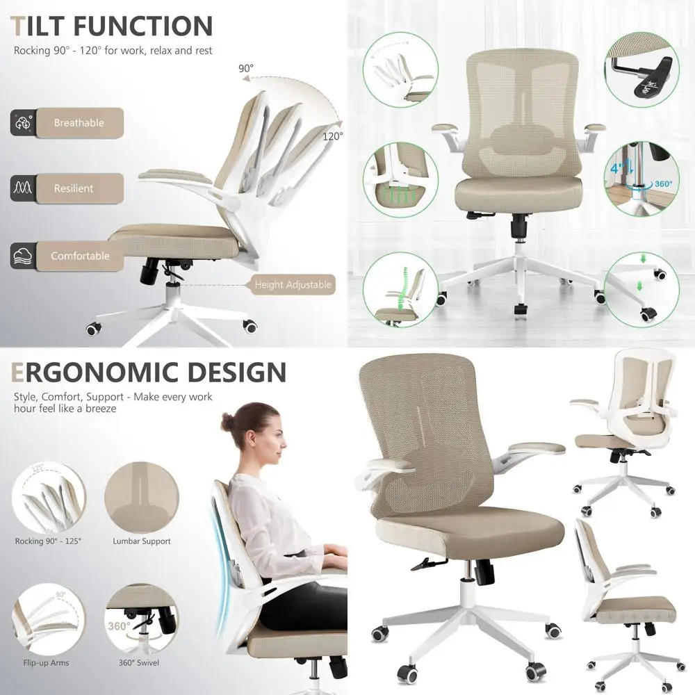 Ergonomic Mid-Back Desk Chair with Adjustable Height, Lumbar Support, and Flip-Up Armrests for Home and Gaming, 350 lbs Capacity