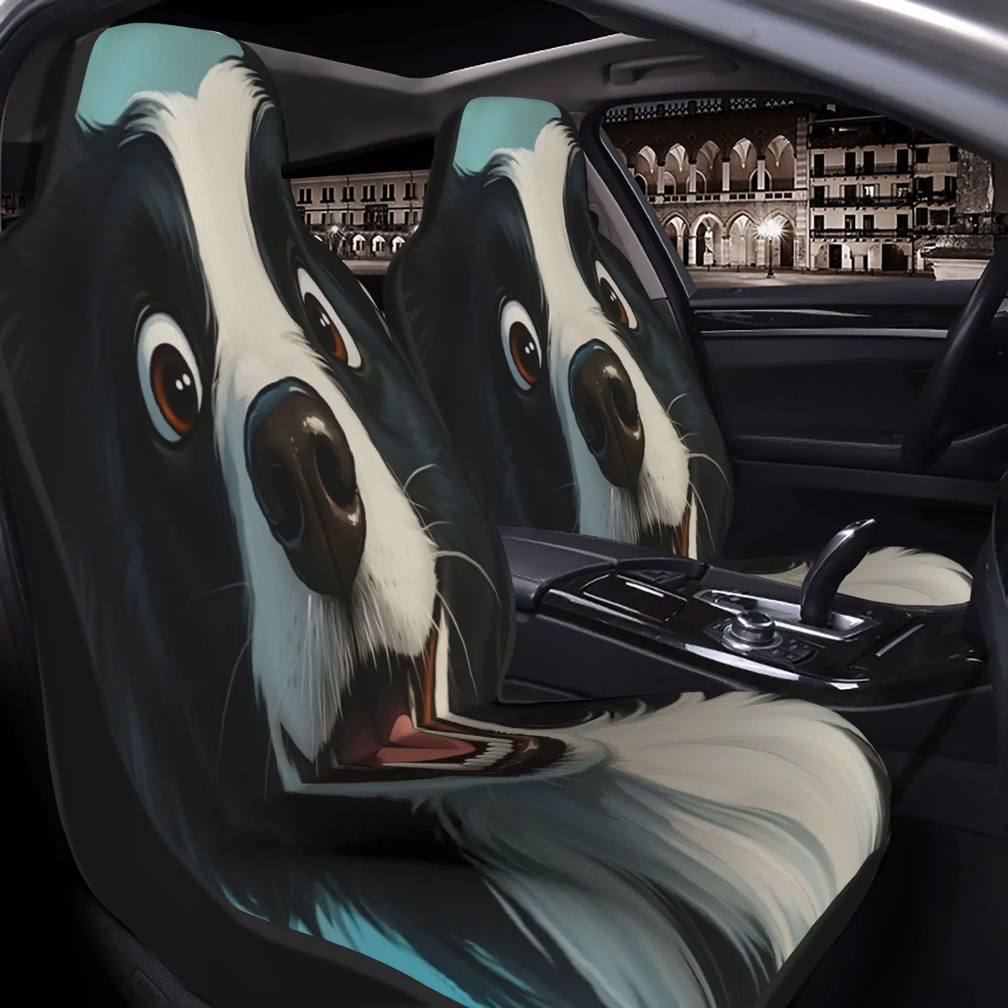 2pcs Cute Border Collie Dog With Big Eyes And Playful ExpressionCar Seat Covers, Suitable For All Vehicles, Christmas Gifts And
