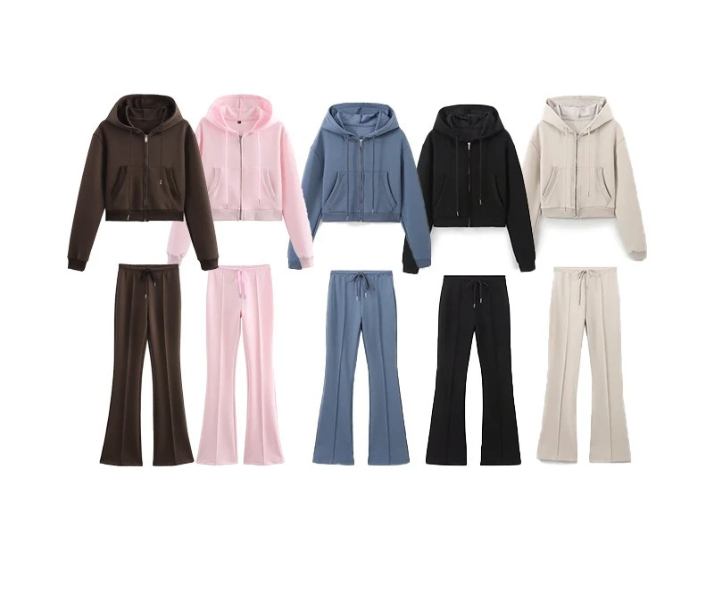 

Casual Sportswear 2 Pcs Set Women's Long Sleeve Hoodie with Big Pockets Trousers Flared Leggings Zipper Slim Fit Short Length