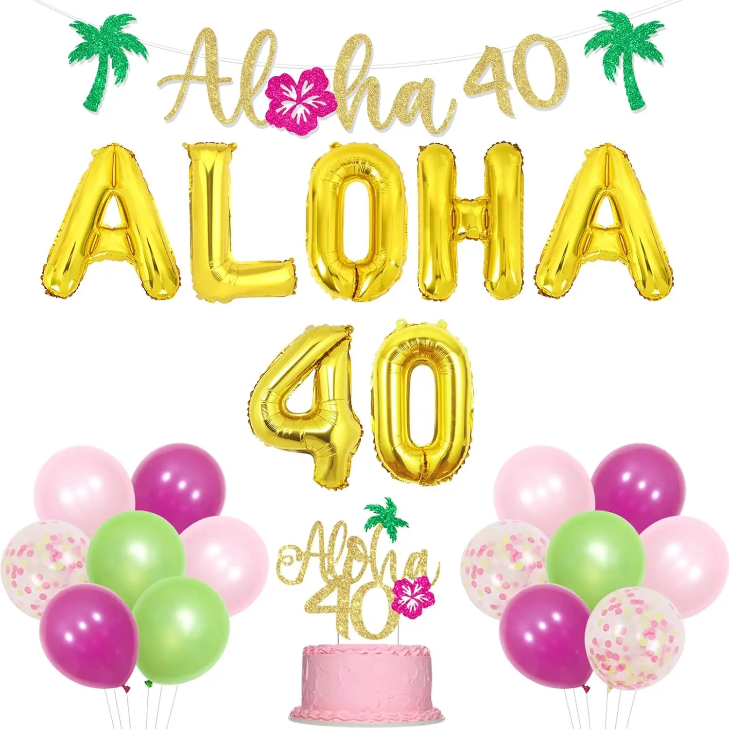 

Декор для вечеринки по случаю 40-го дня рождения Aloha, зеленый отпуск, фольгированный шар, розовый и зеленый, женщины и мужчины