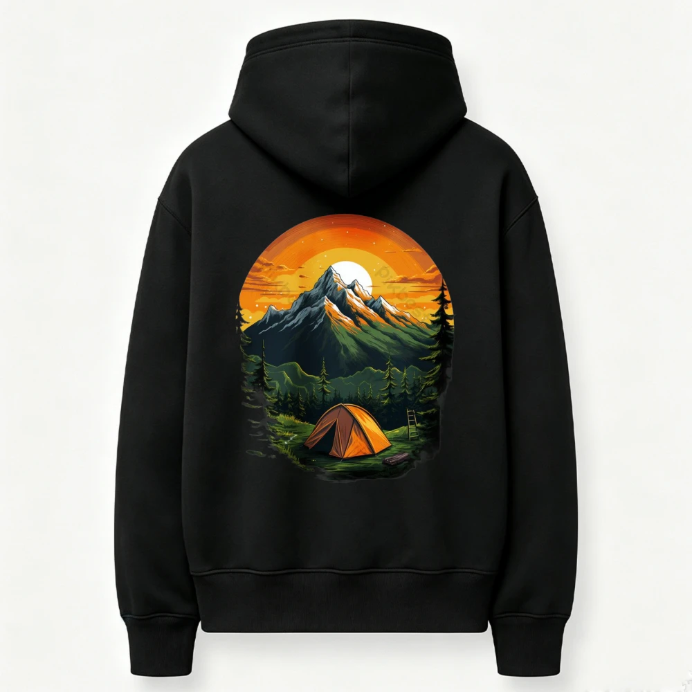 Mountain Sunset Camping Tent Graphic Hoodie Outdoor Adventure Forest Nature Print Pullover Hooded Sweatshirt Hiking Casual Tops