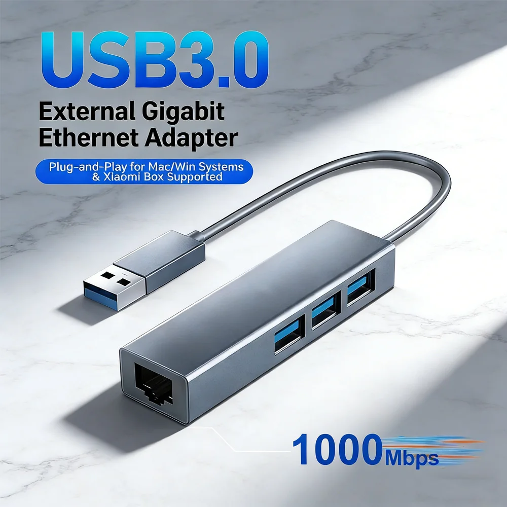 

USB-хаб с USB 3.0 и внешним гигабитным Ethernet-адаптером – Plug-and-Play, совместим с системами Mac/Win и Xiaomi Box