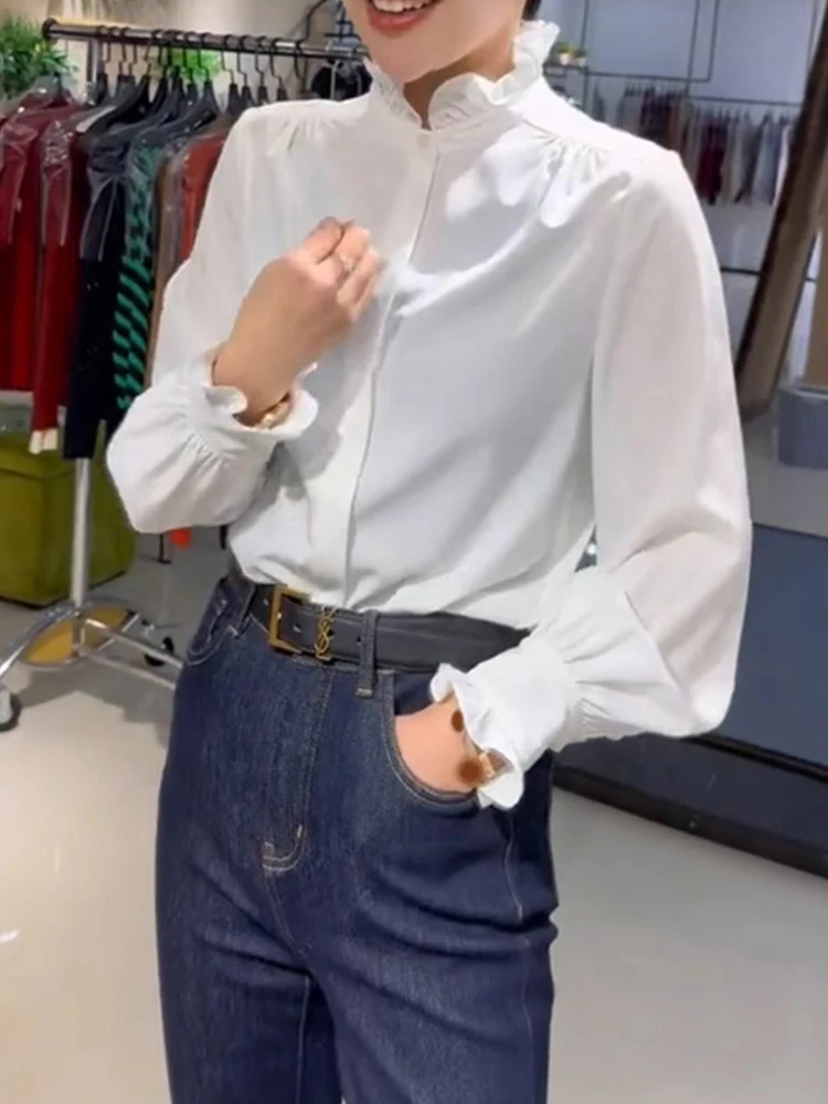 

Pure Color Stand Collar Chiffon irt with Wood ain Simple Slimming Sle for Commuting Versatile Women's Top