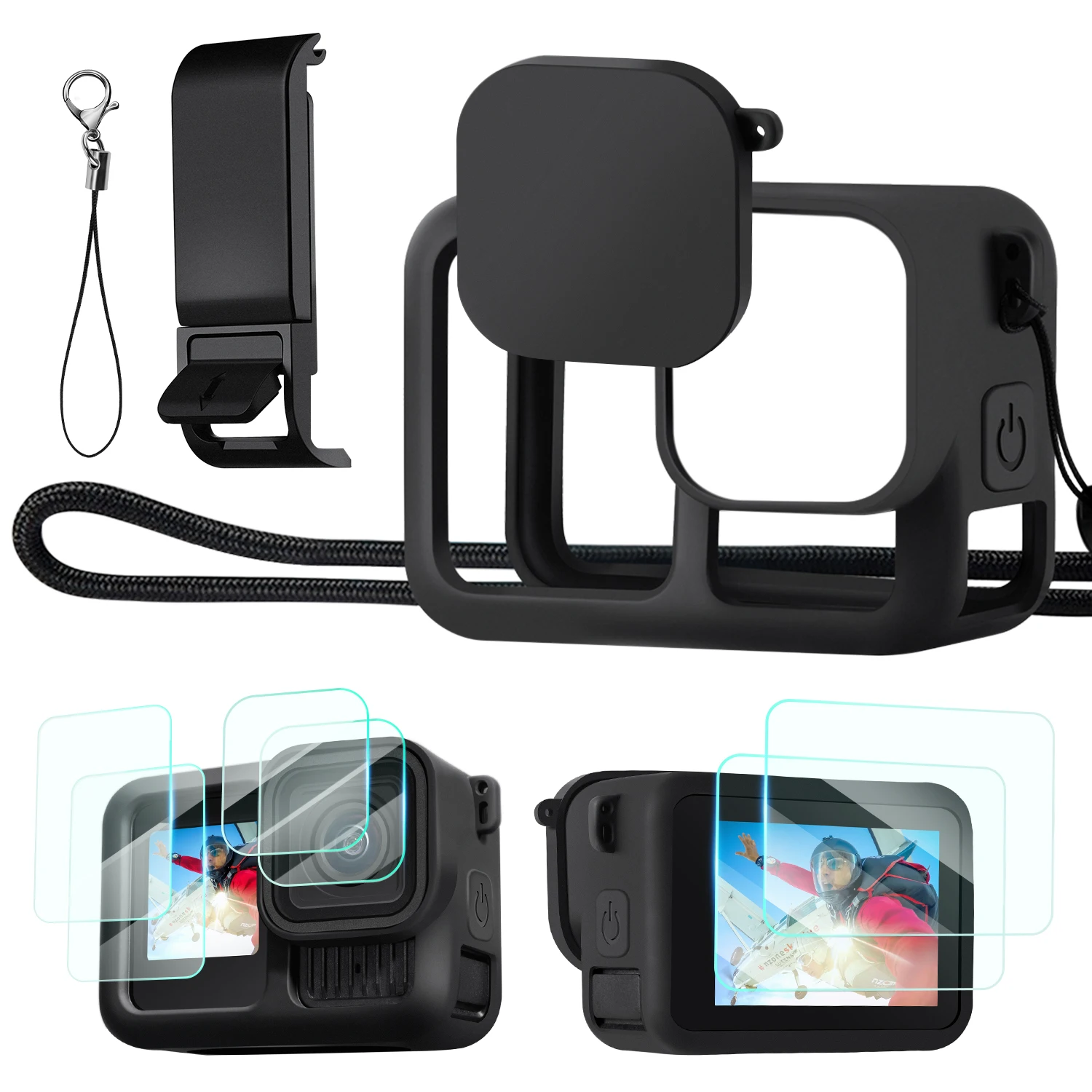 

K&F Concept Silicone Sleeve Protective Cover for GoPro Hero 13 Black Battery Side Lid Screen Len Protector Lanyard Action Camera