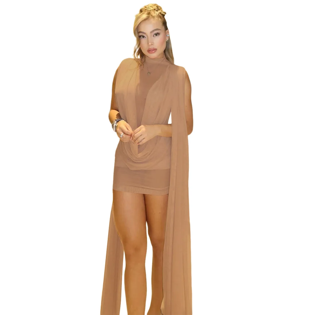 Europa-EUA. Transfronteiriça outono/inverno nova moda feminina semi-gola alta dupla camada assimétrica rede tule fita cintura-caneta