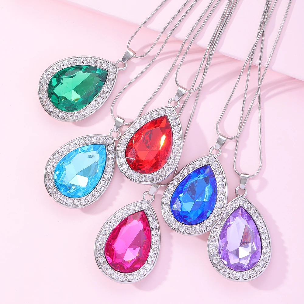 6 Colors Pretty Water Drop Crystal Pendant Necklace Blue Green Purple Pink Rhinestone Heart Choker For Women Girls Party Gift