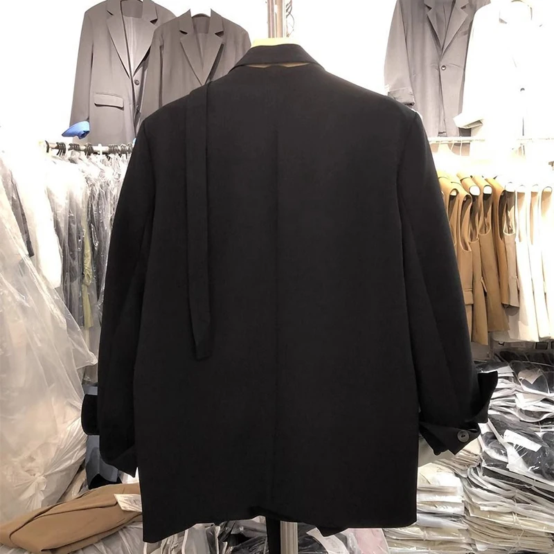 Koreańska czarna marynarka damska z długim rękawem, wiosenno-jesienna, wiązana, modna, luźna, codzienna, do pracy, elegancka odzież wierzchnia premium.