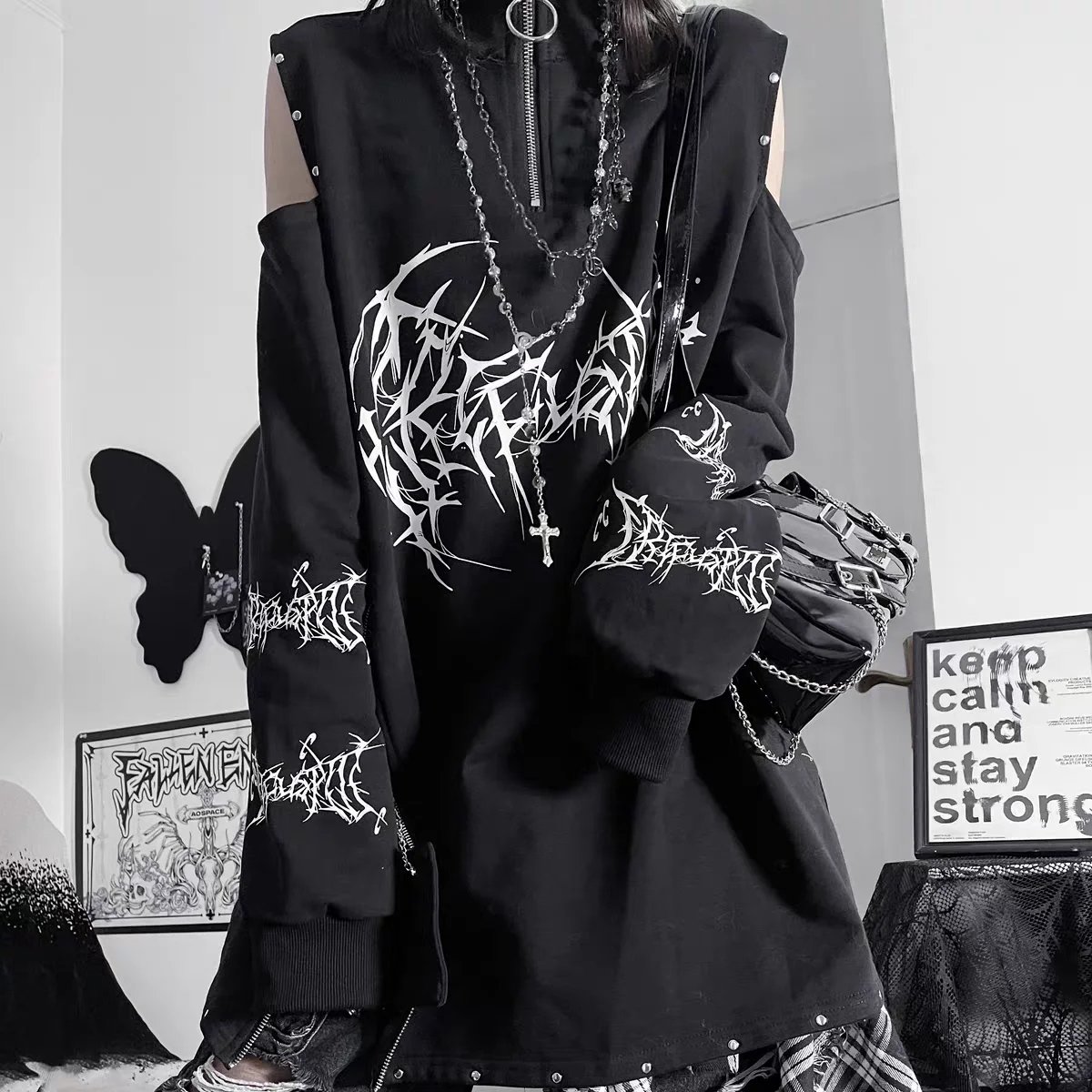 Gothic Y2K Vintage Print Punk Tops Long-Sleeve Oversized Off-Shoulder Zipper T-Shirt with Stand-Up Collar Women's Shirt Grunge