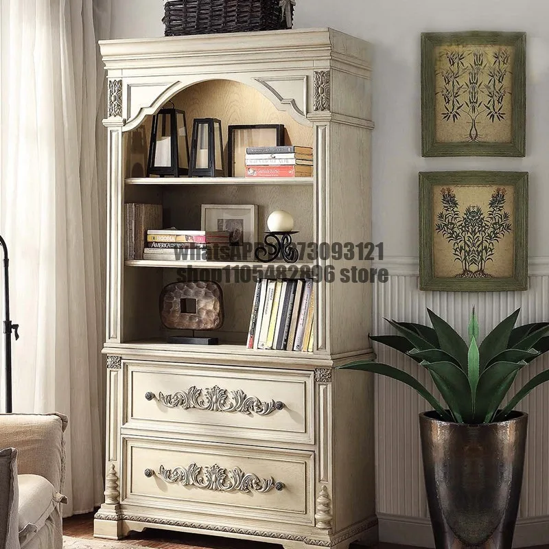 American country antique solid wood carving flower locker French study bookcase old display multi-layer cabinet