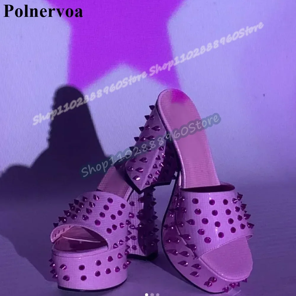 

Pink Glossy Leather Full Rivets Platform Slippers Chunky High Heel Shoes For Women Slip On Open Toe Casual Party Trendy Slippers