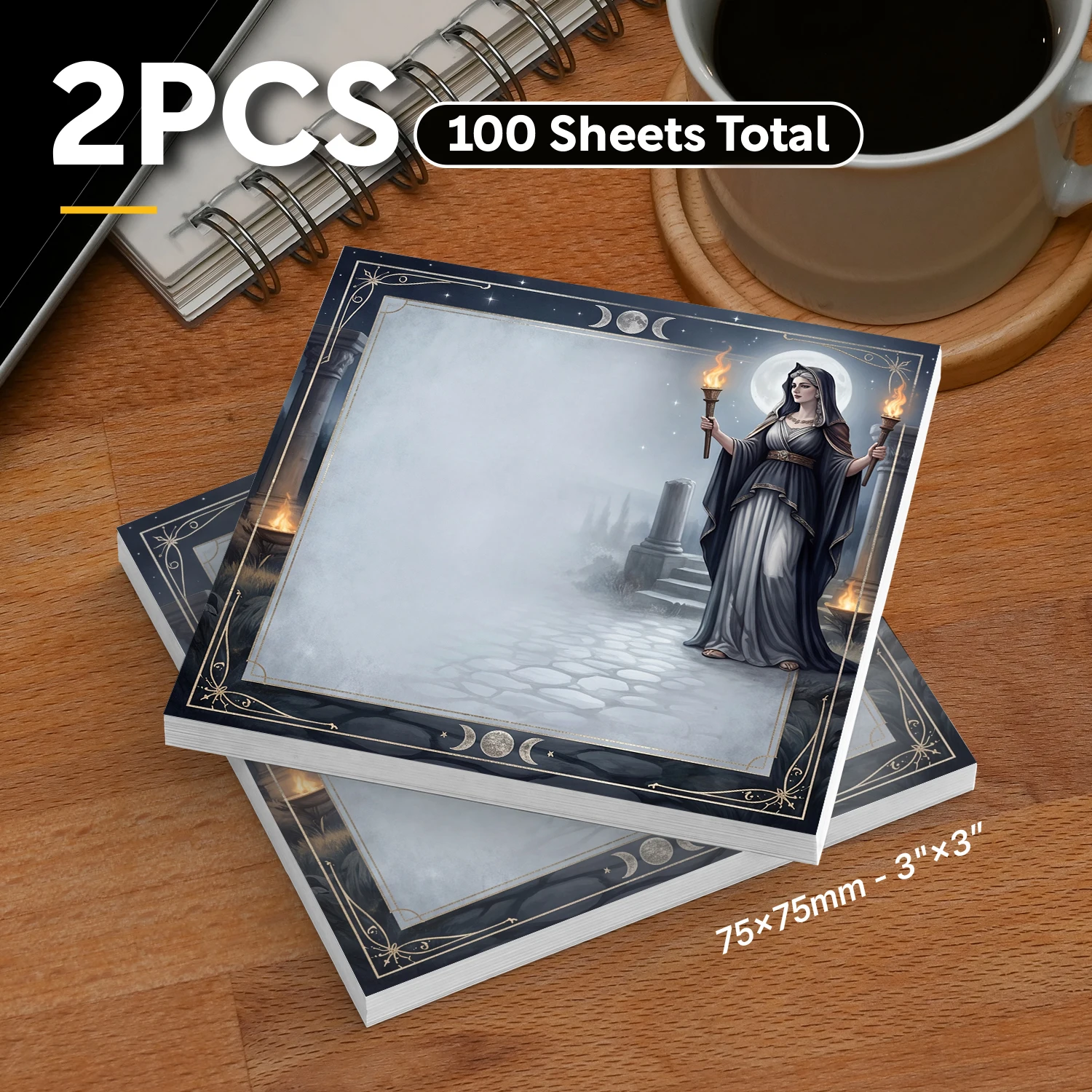 2pcs Greek Goddess Sticky Notes, Moon Torch Mythology Memo Pads, 100 Sheets Total, Removable Self-Adhesive Notes for Planner