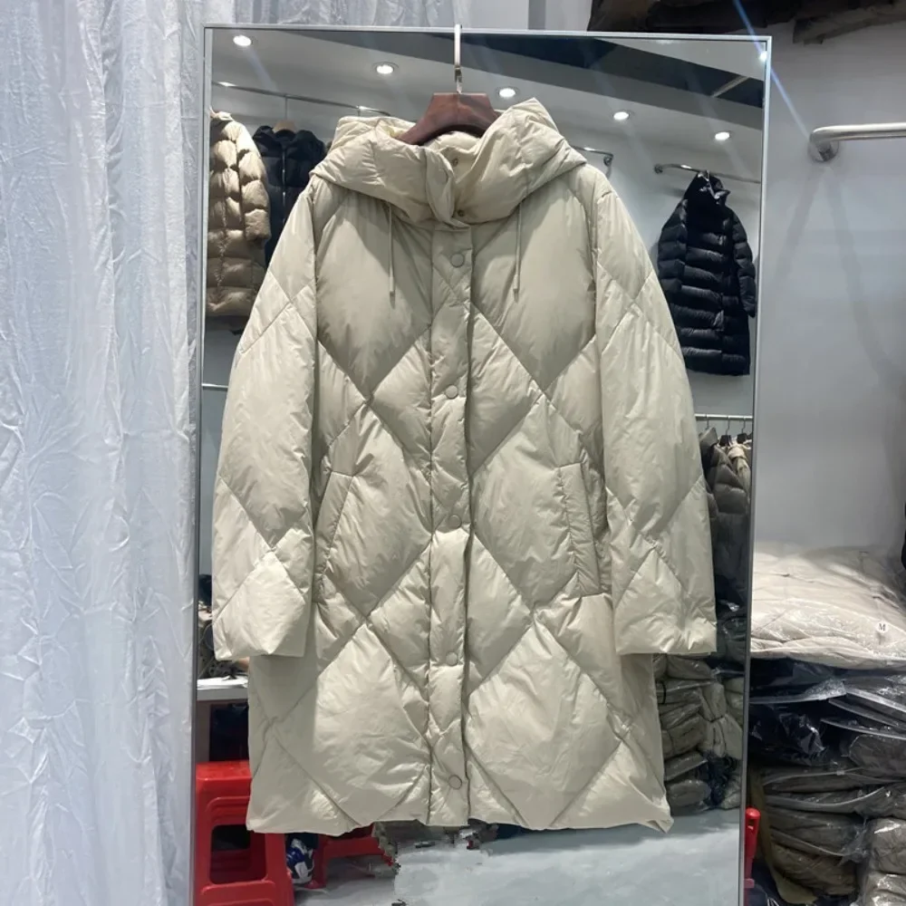 Down Jacket Women Autumn and Winter New Casual Fashion Warm Mid-Length Pressed Plaid White Duck Down Coat Fluffy Solid Color