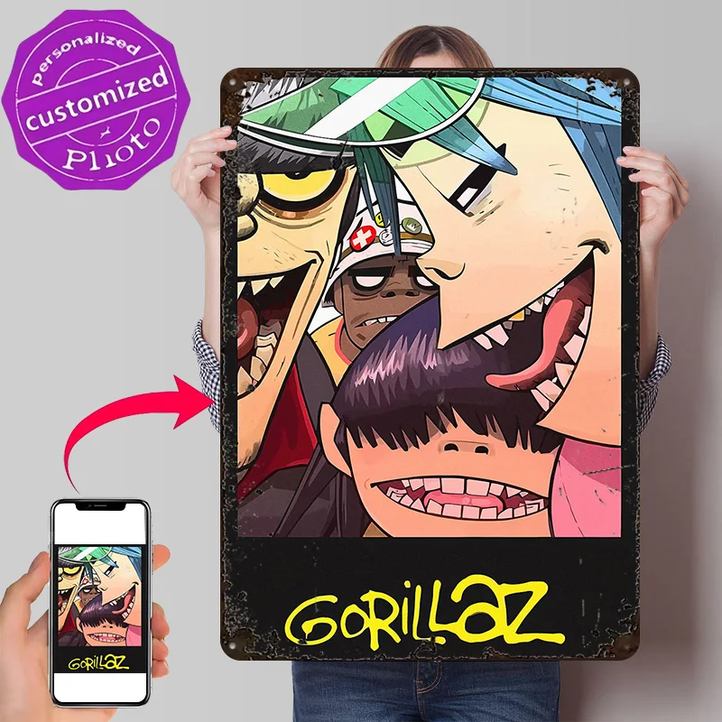 Gorillaz Band Members Close-Up 3D Texture Metal Poster Customized Wall Art Tin Sign Gift for Mancave Garage Decorations Man Cave