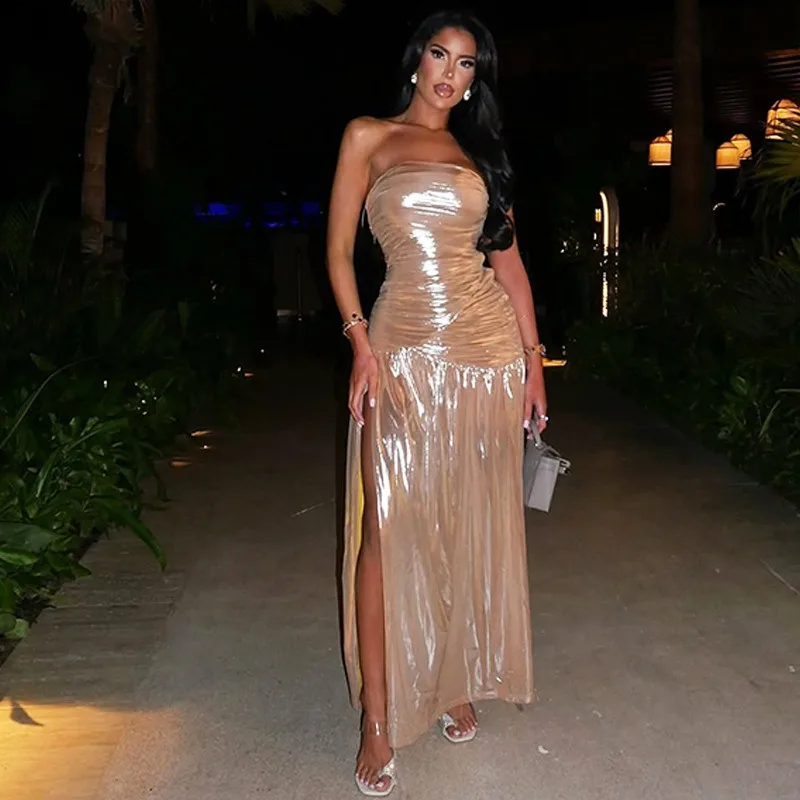 

Fashionable Metallic Gold Strapless High Split Maxi Dresses Woman 2025 Party Comfort Long Dresses Luxury Sexy Birthday Outfits