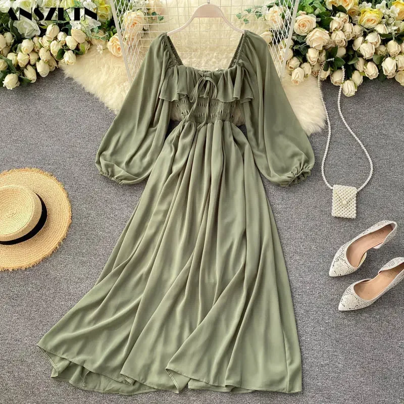 ANSZKTN estilo francés cuello cuadrado Puff manga larga hermoso vestido ahumado gasa Maxi vestidos para mujer señora