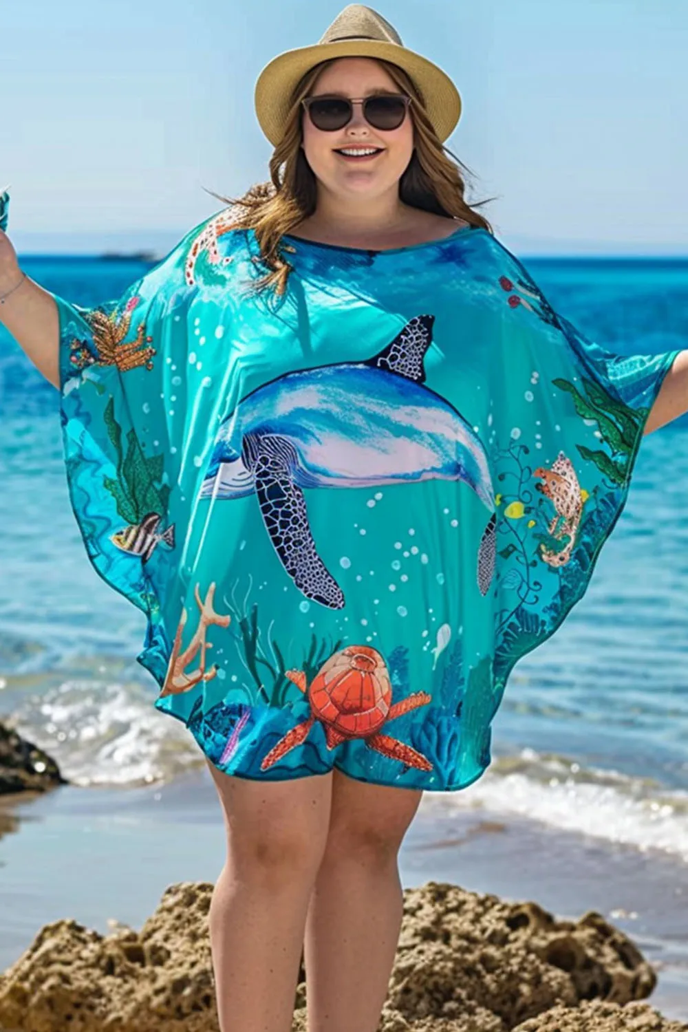 

Flycurvy Plus Size Vacation Blue Marine Animal Print Cape Cover Up