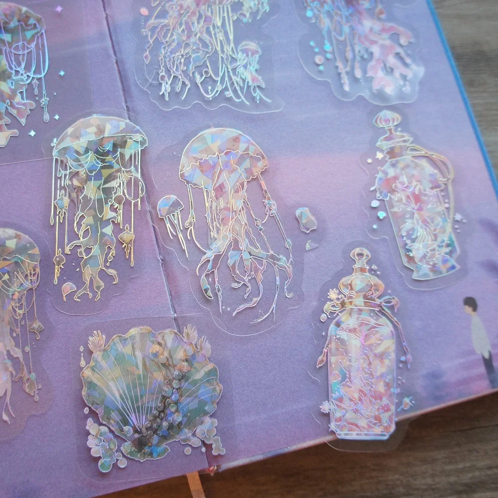 

18pcs Laser Color Blue Pink Yellow Jellyfish Style PVC Sticker Scrapbooking DIY Gift Label Decoration Tag
