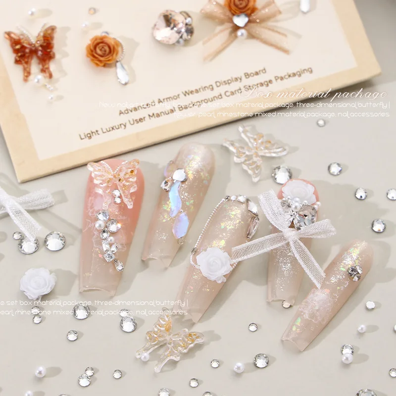 1 Opakowanie Mieszanych Ozdób do Paznokci: Akrylowe Motyle, Kokardki z Organzy, Cyrkonie, Perły - Akcesoria do Dekoracji Paznokci