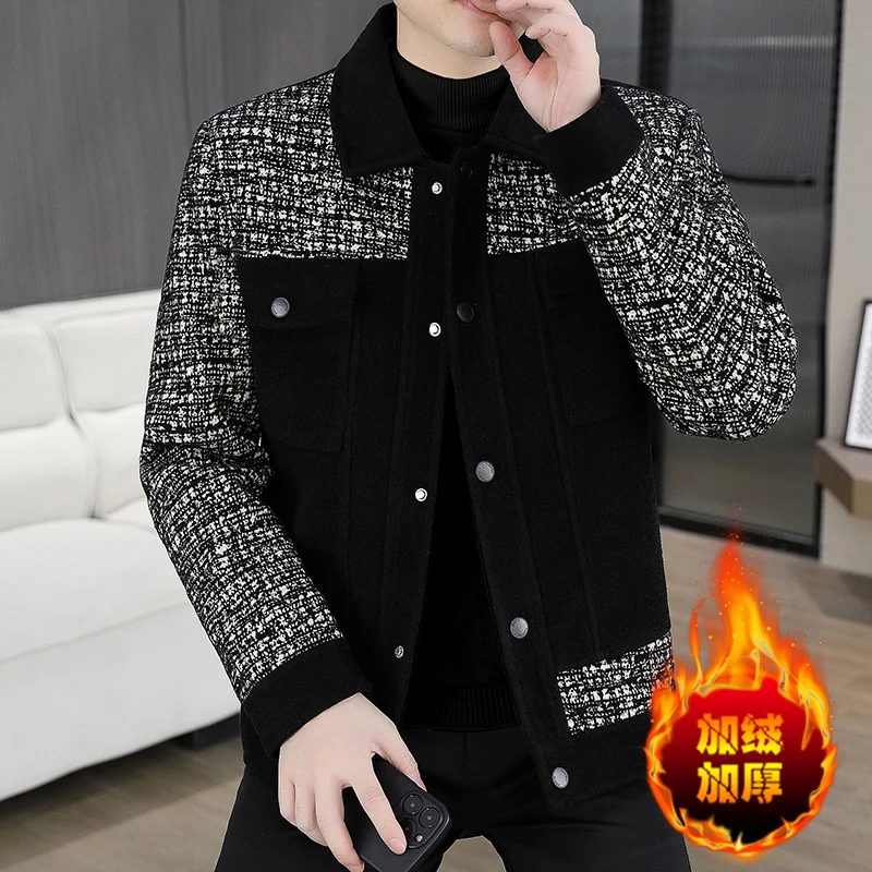 

Зимняя плюшевая толстая шерстяная куртка 2025 года, мужская модная повседневная короткая шерстяная смешанная куртка, универсальные деловые социальные куртки