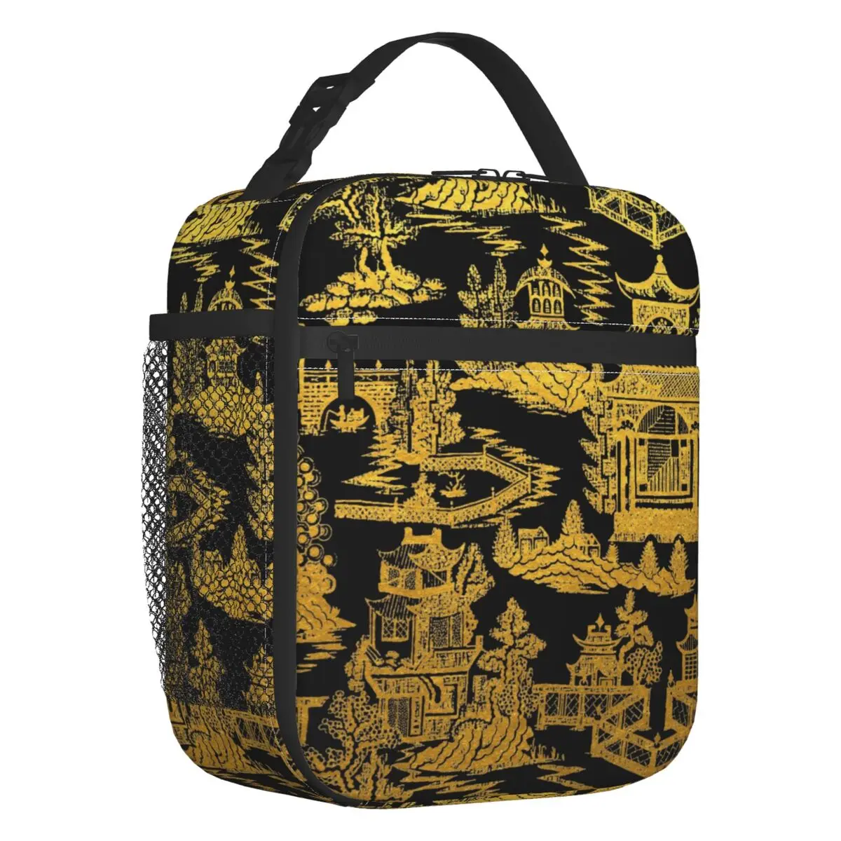 

Gold Black Chinoiserie Pagoda Insulated Lunch Bags Women Chinese Willow Pattern Portable Thermal Cooler Bento Box Outdoor Travel
