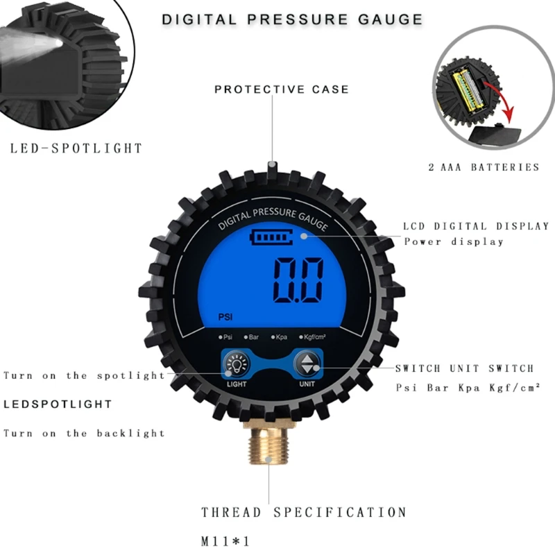 Dial Size Digital Pressure Gauge 0-200 Psi/Kpa/Bar/kgf cm² M11 Screw Thread Lower Mount Battery Powered Guage Drop Shipping