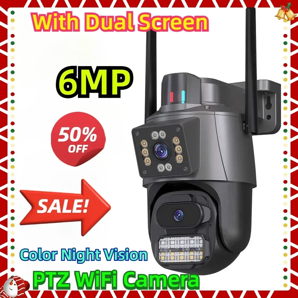 

With Dual Screen 6MP PTZ WiFi Camera Color Night Vision Outdoor Security IP Camera CCTV Surveillance Camera ICSEE App