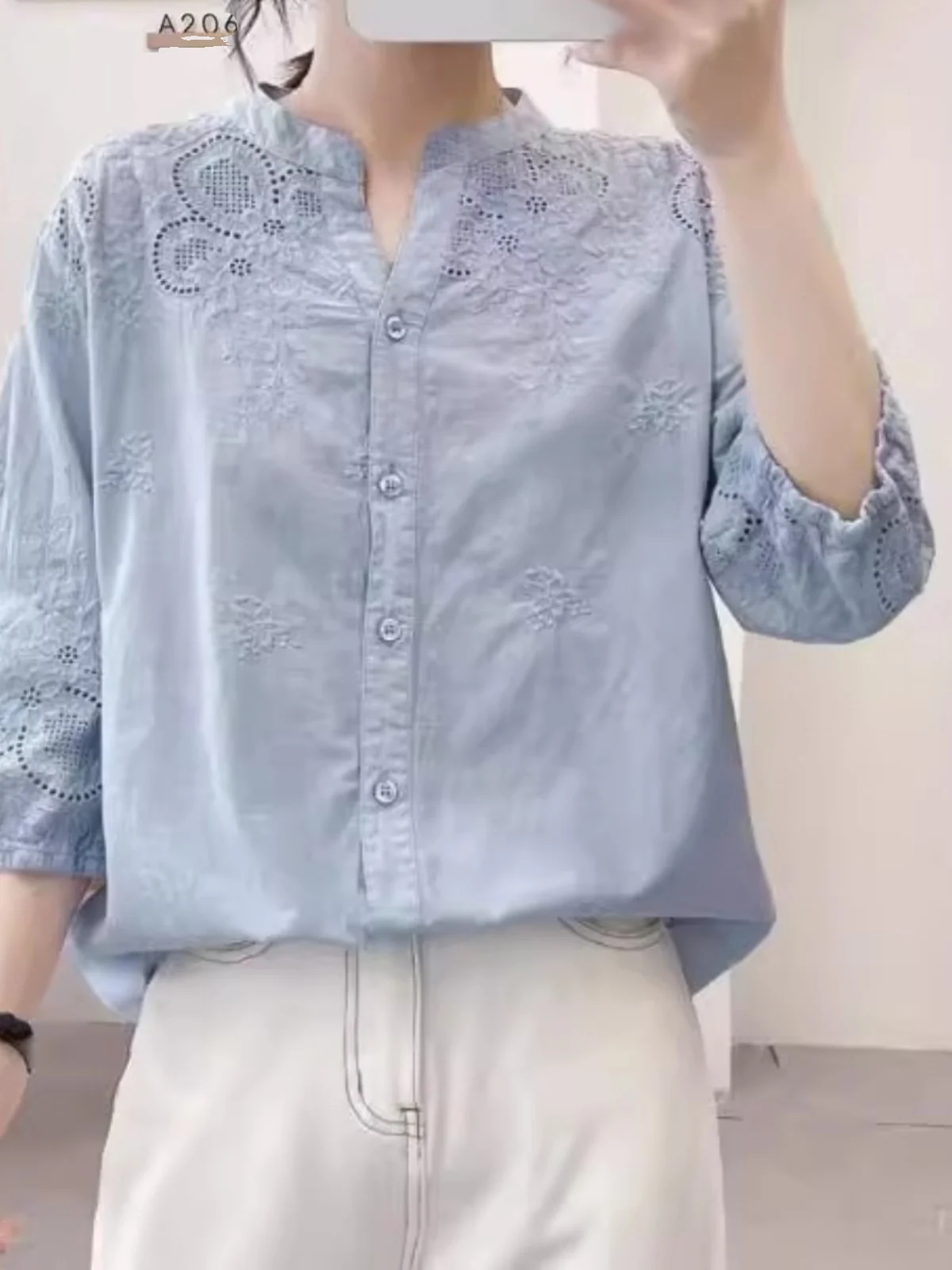 

High-End Japanese Style Embroidered Hollow out Shirt Women's 3/4 Sleeve Casual Linen Top Shape Spring Summer