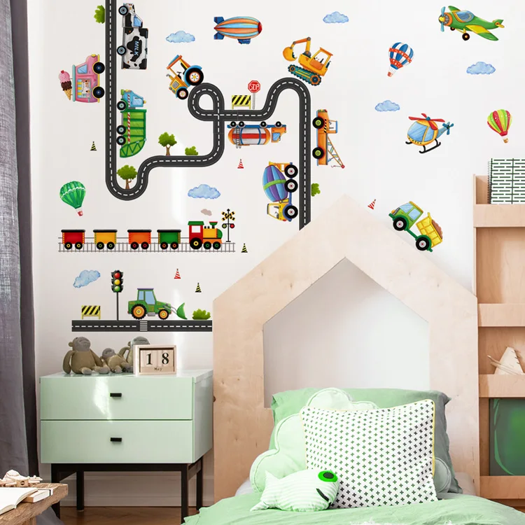 Cartoon Baufahrzeug Flugzeug Wandaufkleber Kinderzimmer Heimdekoration Wandbild Kinderzimmer Selbstklebende Kombinations-Tapete – Detail 5