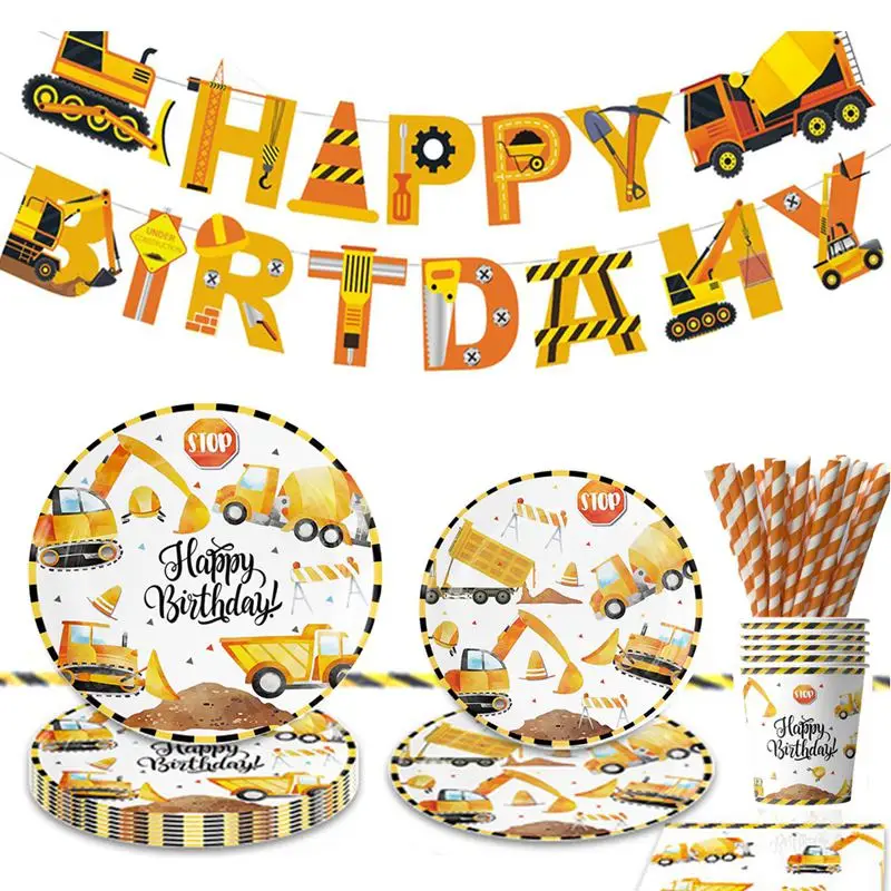 Excavator Truck Construction Party Plate Cup Tableware Happy Birthday Party Decor Kids Favor Boys Birthday Baby Shower Supplies