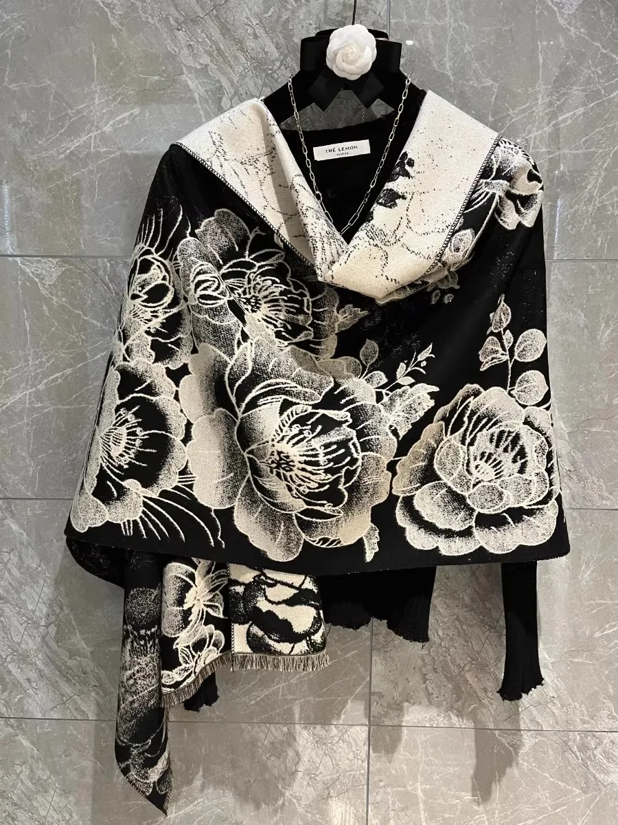 

Noble Peony Flower Jacquard Shawl Good Imitate Cashmere Scarf Winter Warm Neckerchief Summer Wraps Cape Versatile Women Gift