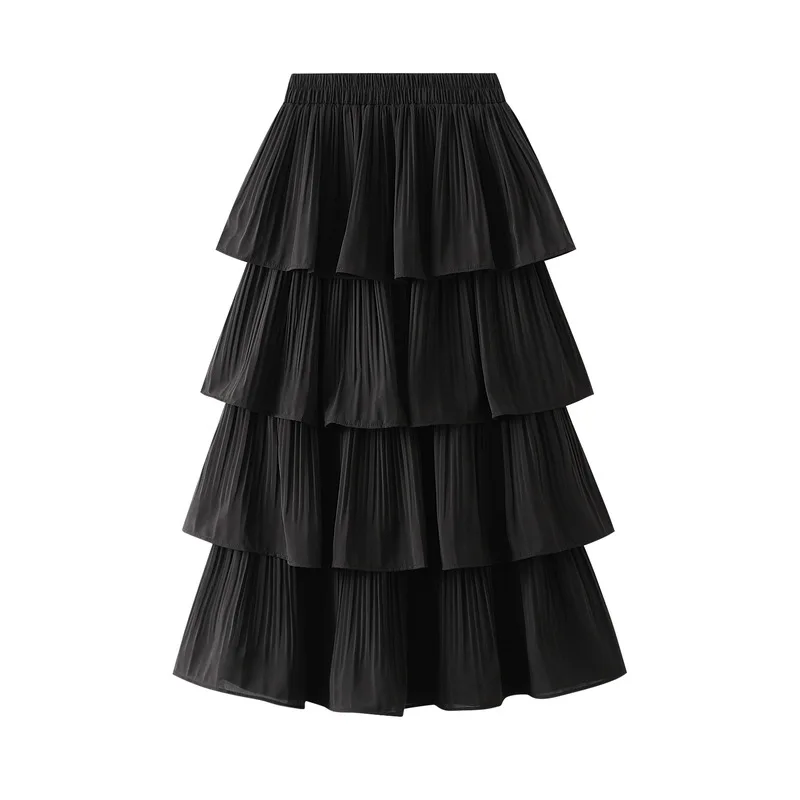 Women's Clothing Black woman Skirts fungus edge splicing pleated skirt for women's summer 2025 new mid length cake girl skirt