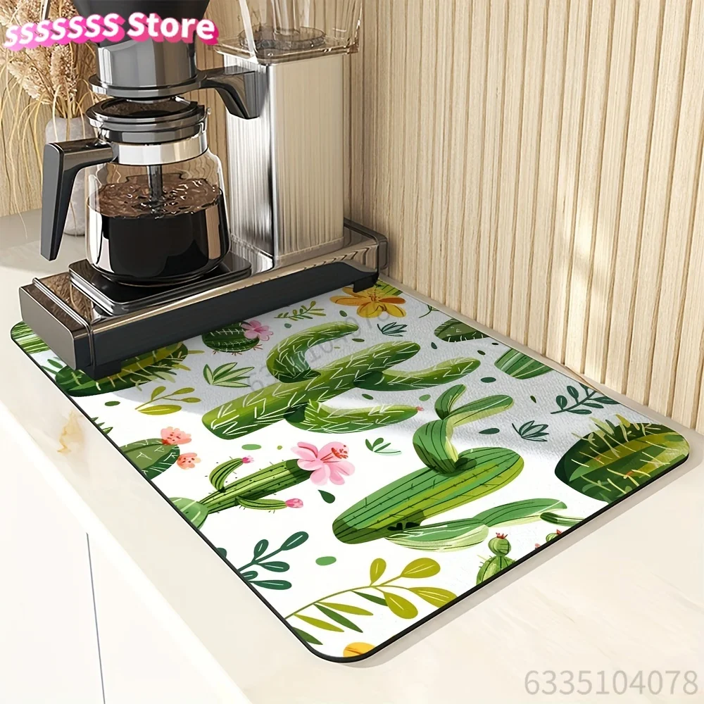 Cactus Plant Dish Drying Mats Set - Absorbent Polyester Kitchen Sink Drainer Pad, Coffee and Tea Mat, Toilet Absorbent Mat, Tabl
