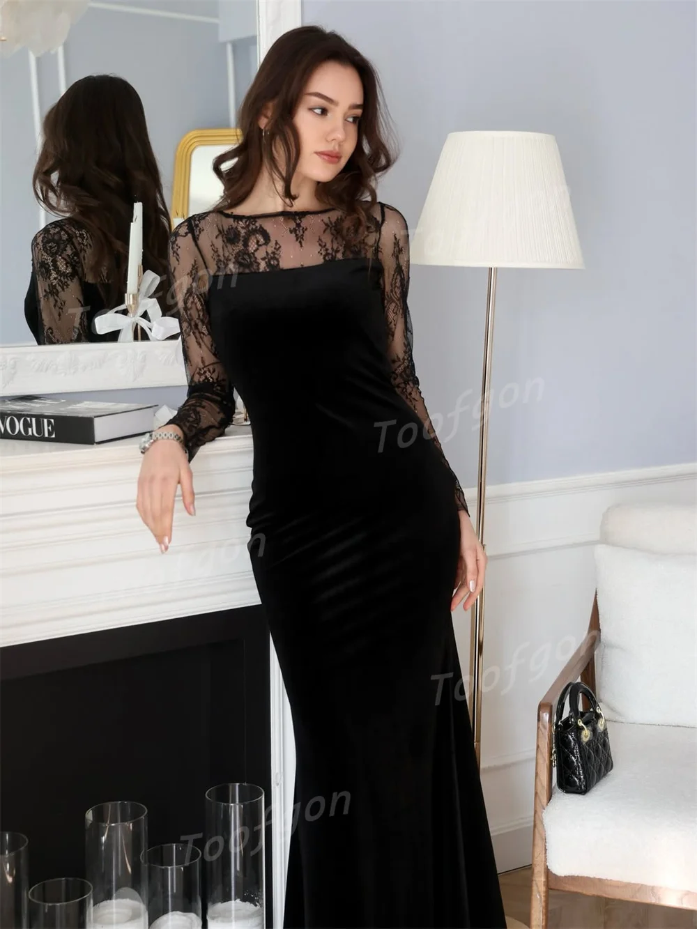 Toofgon Formal Black Lace Satin Evening Dresses Sheer Long Sleeves Mermaid Femininos Backless Prom Party Gowns Customized